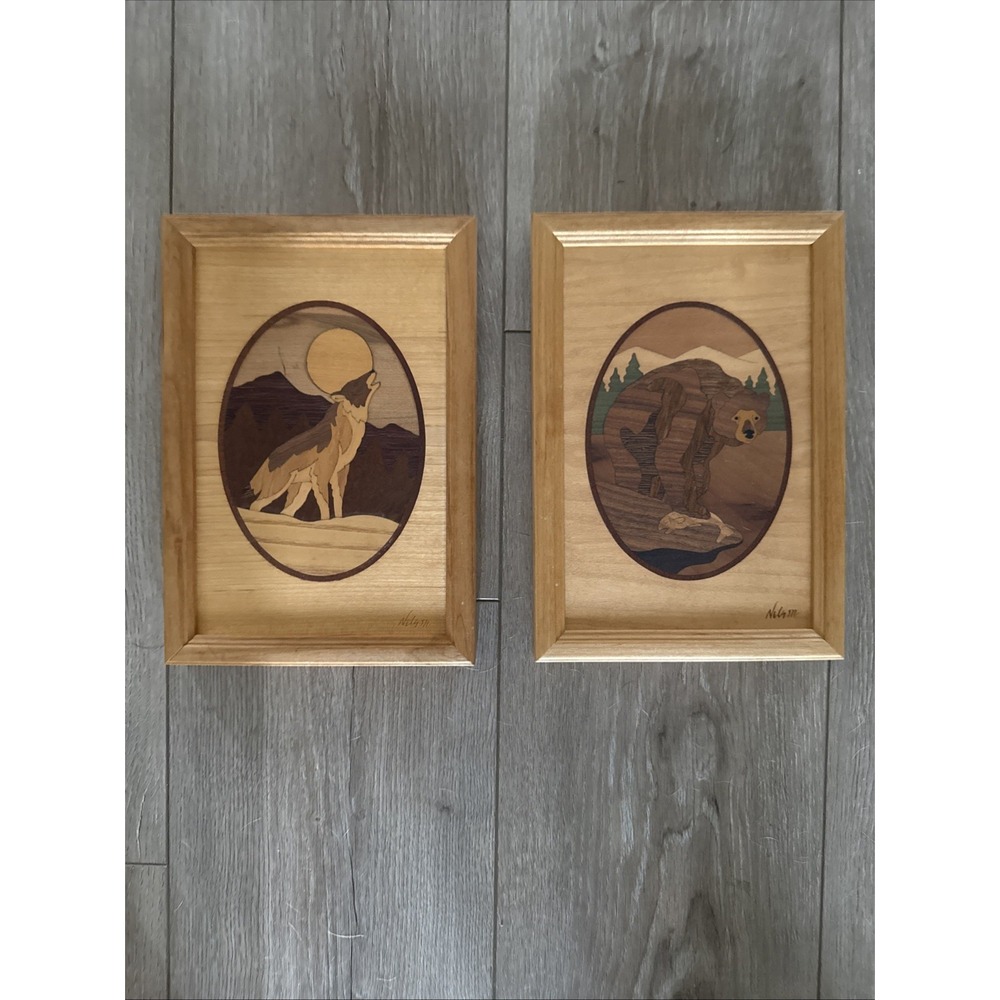2‎ Hudson River Inlay Bear & Howling Wolf Nelson Wood Artwork Beautiful